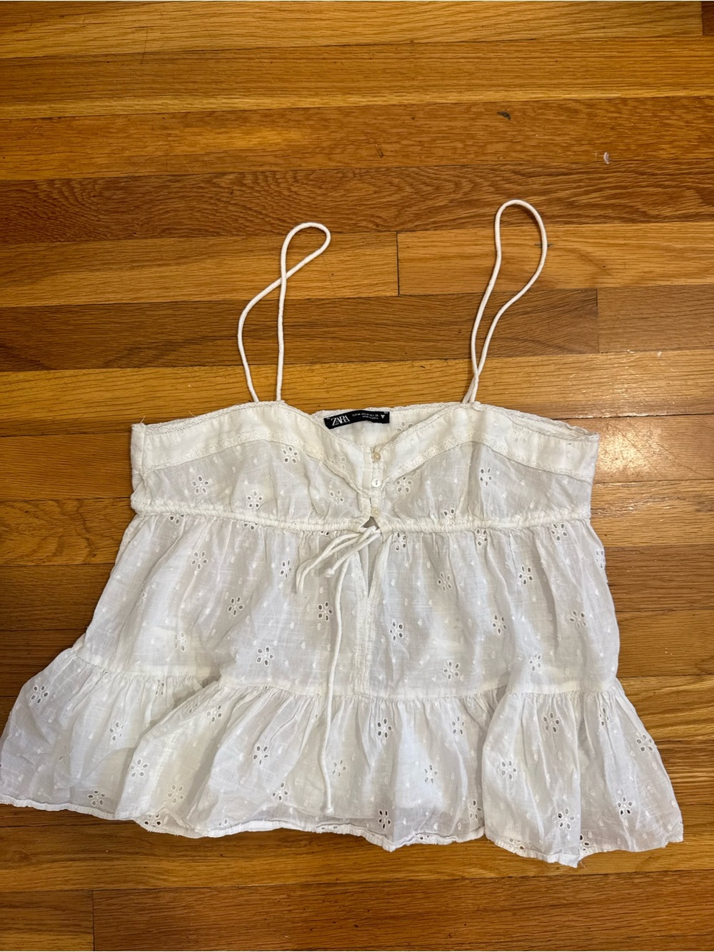 Zara White Eyelet Cotton Spaghetti Strap Tiered Camisole